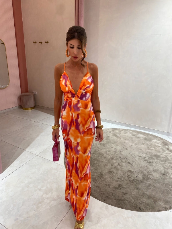 Allegra – Abito Lungo con Stampa Accesa e Spalline Sottili