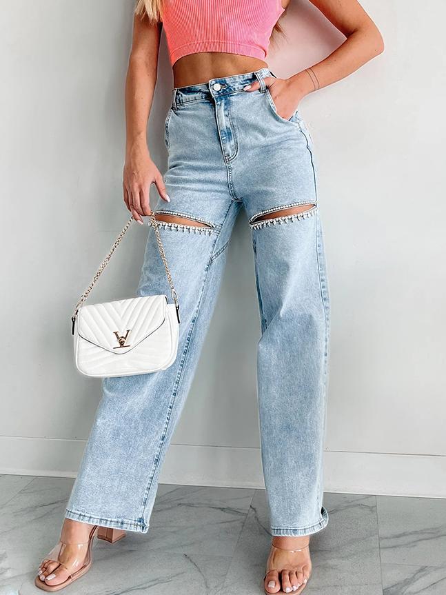 Victoria™ | Rhinestone-Detailed Distressed Straight Jeans