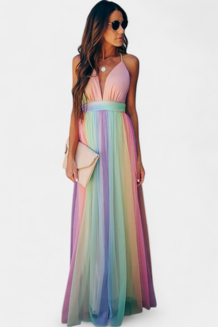 Gretchen Vestito a Righe Multicolore con Scollatura a V