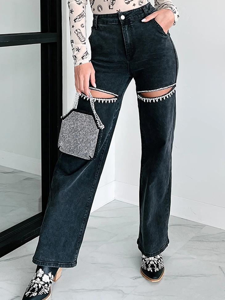 Victoria™ | Rhinestone-Detailed Distressed Straight Jeans