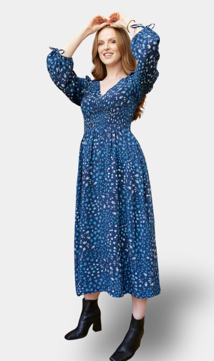 Maddie - Vestito con Collo a V - Floreale Blu