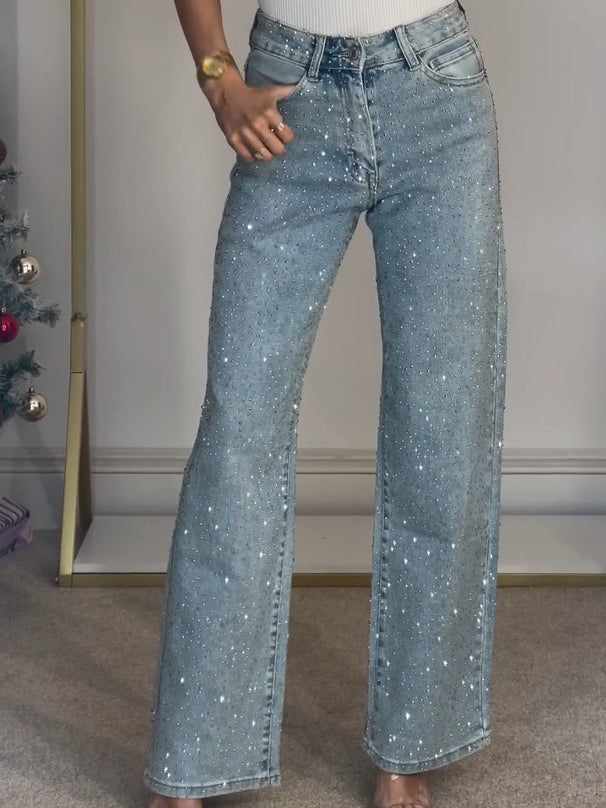 Victoria™ | High-Waisted Diamante Straight-Leg Jeans