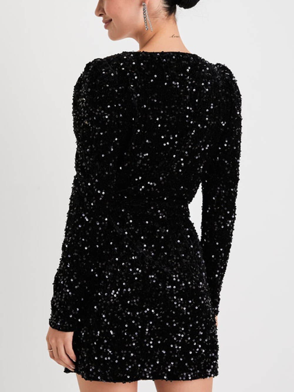 Victoria™ | Black Velvet Mini Dress with Long Sleeves and Wrap