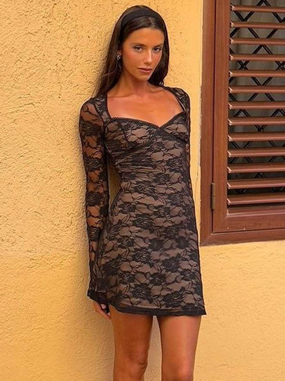 Victoria™ | Lace-Printed Mini Dress with U-Neck and Long Sleeves