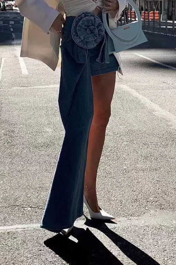 Sofia™ | Mini Denim Skirt with 3D Rose Accents