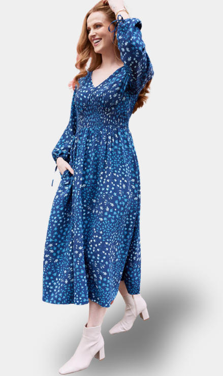 Maddie - Vestito con Collo a V - Floreale Blu