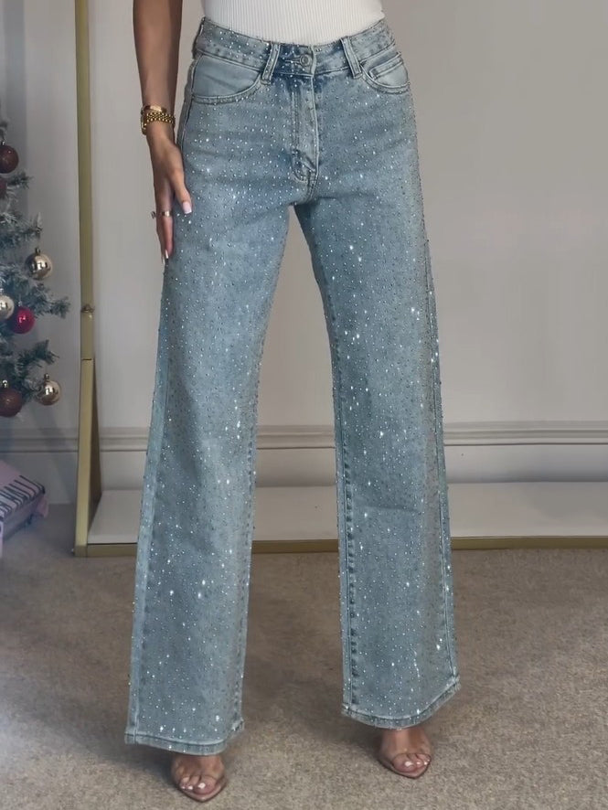 Victoria™ | High Waisted Diamante Straight Leg Jeans