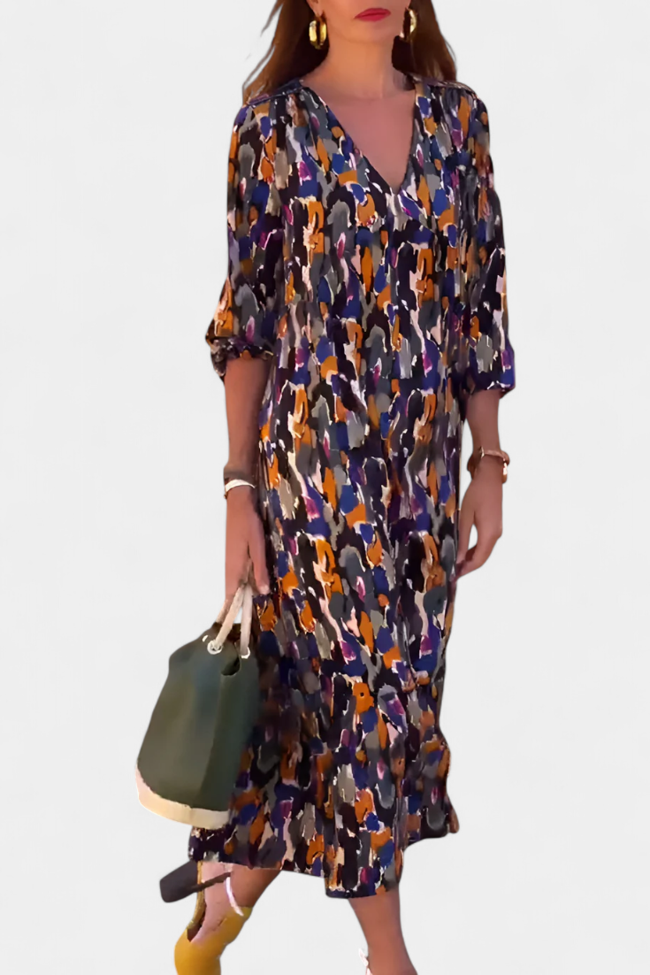 Teodora Vestito Retro Stampato con Scollatura a V