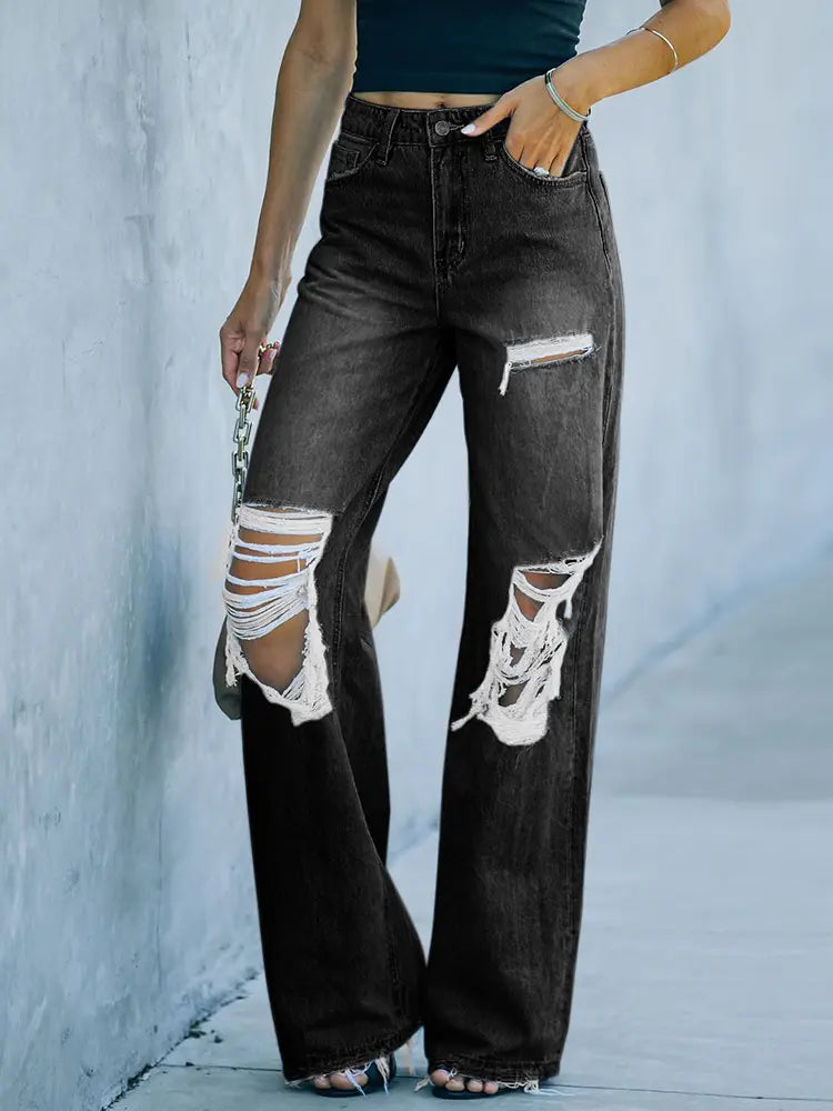 Victoria™ | Distressed Wide-Leg Street Denim Trousers in Washed Finish