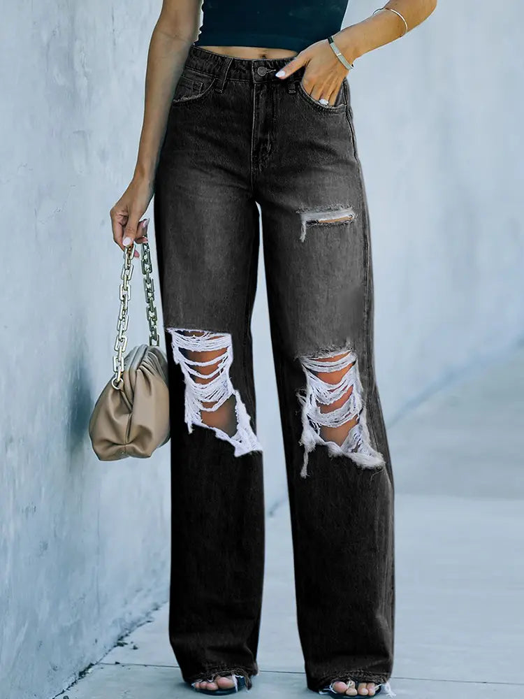 Victoria™ | Distressed Wide-Leg Street Denim Trousers in Washed Finish