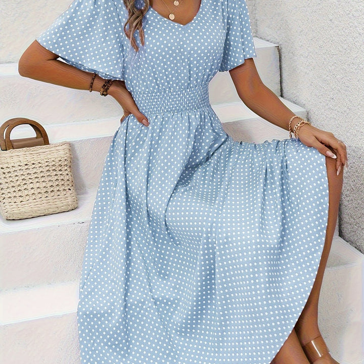 Chic Pink Polka Dot Midi Dress for Women - Casual V-Neck, Ruffle Sleeves, Cinched Waist Design, Lightweight Polyester, Perfect for Spring/Summer, Machine Washable