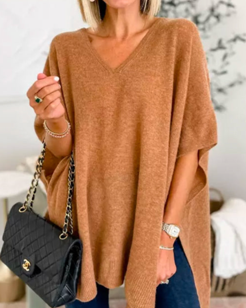 Victoria™ | ERICA - Sleek Plain V-neck Poncho Jumper with a Relaxed Fit