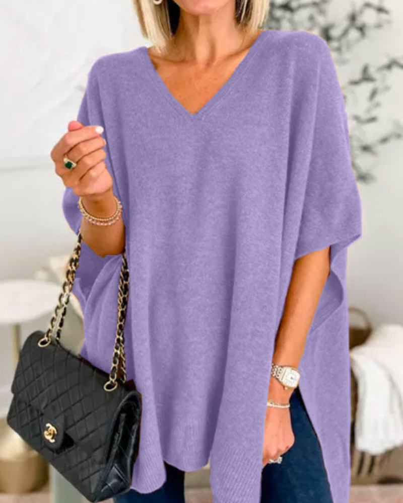 Victoria™ | ERICA - Sleek Plain V-neck Poncho Jumper with a Relaxed Fit