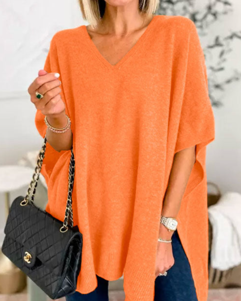 Victoria™ | ERICA - Sleek Plain V-neck Poncho Jumper with a Relaxed Fit