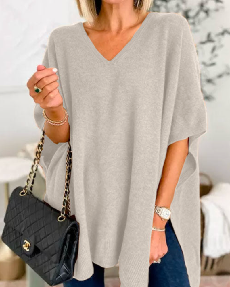 Victoria™ | ERICA - Sleek Plain V-neck Poncho Jumper with a Relaxed Fit