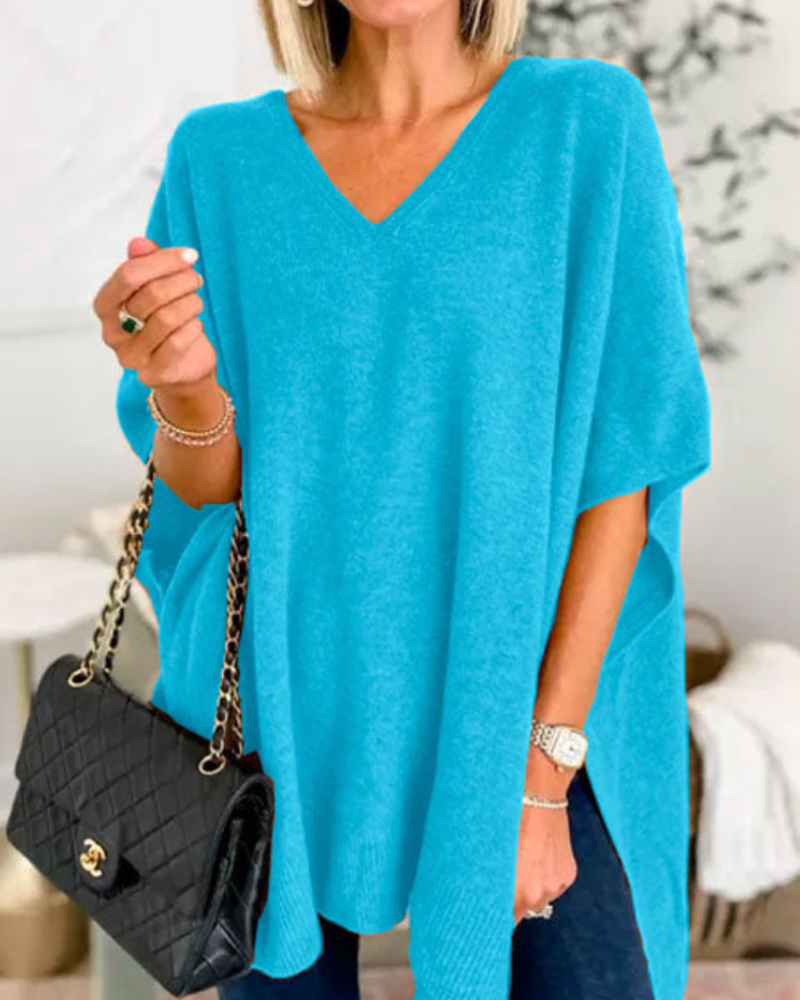 Victoria™ | ERICA - Sleek Plain V-neck Poncho Jumper with a Relaxed Fit