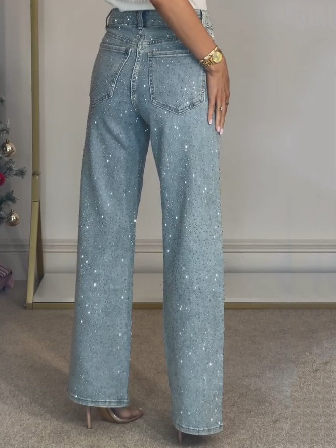 Victoria™ | High-Waisted Diamante Straight-Leg Jeans