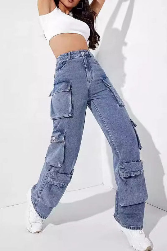 Sofia™ | Pantaloni cargo in denim a vita alta