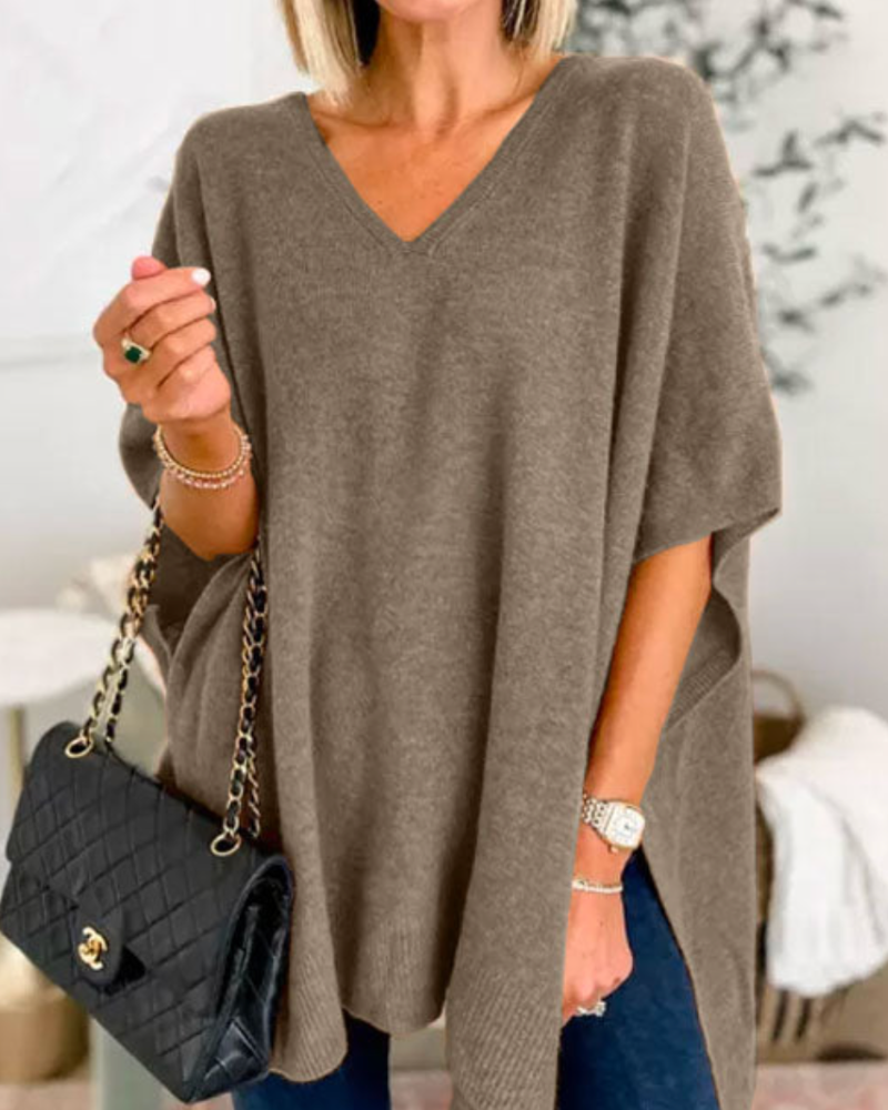 Victoria™ | ERICA - Sleek Plain V-neck Poncho Jumper with a Relaxed Fit