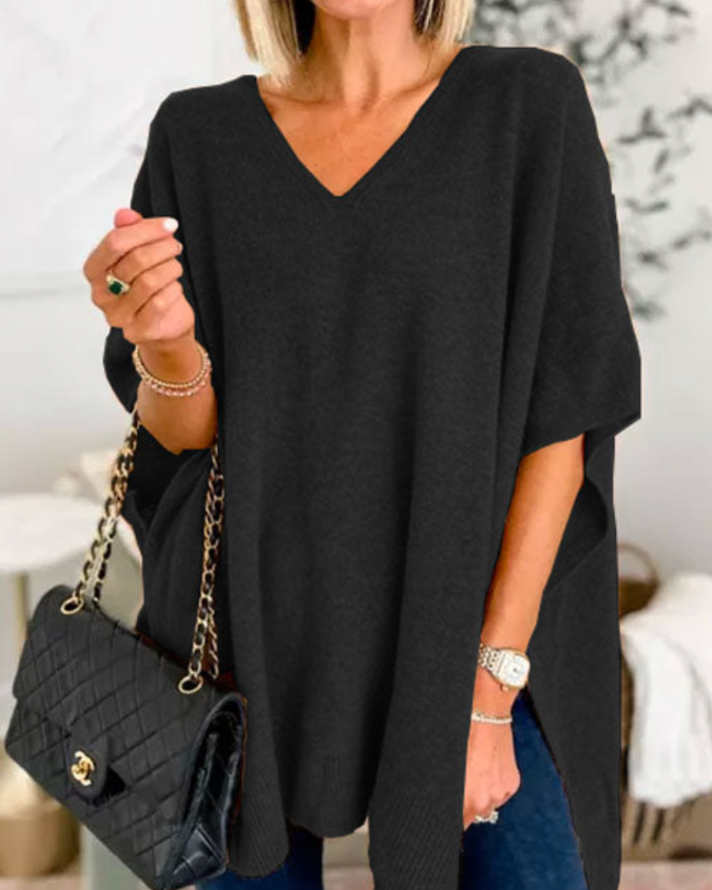 Victoria™ | ERICA - Sleek Plain V-neck Poncho Jumper with a Relaxed Fit