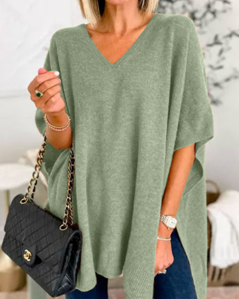 Victoria™ | ERICA - Sleek Plain V-neck Poncho Jumper with a Relaxed Fit