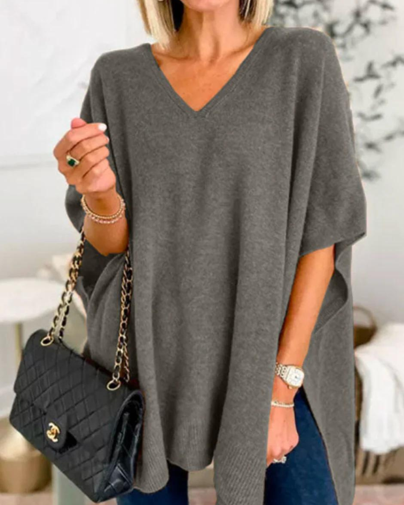 Victoria™ | ERICA - Sleek Plain V-neck Poncho Jumper with a Relaxed Fit