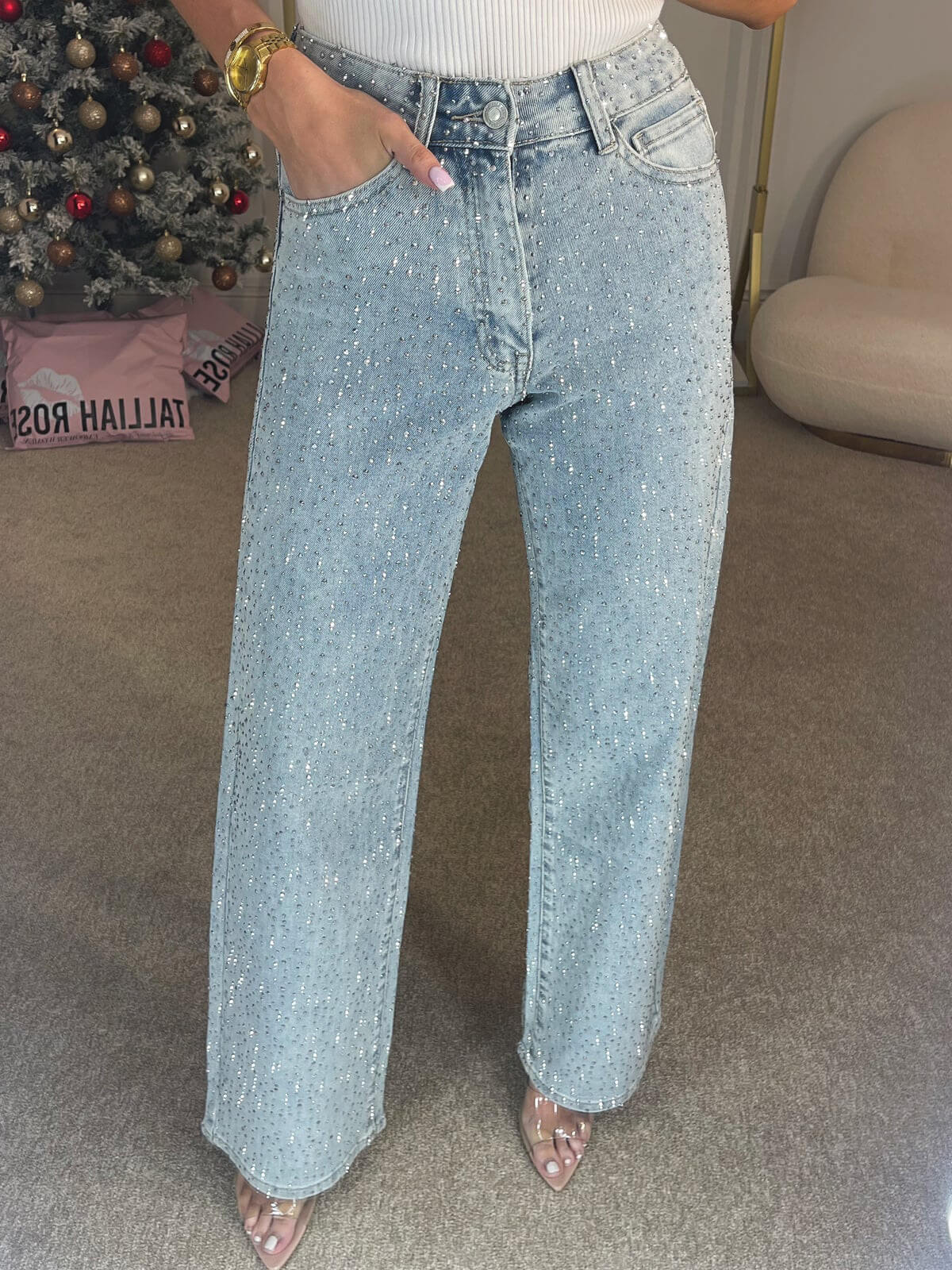 Victoria™ | High-Waisted Diamante Straight-Leg Jeans