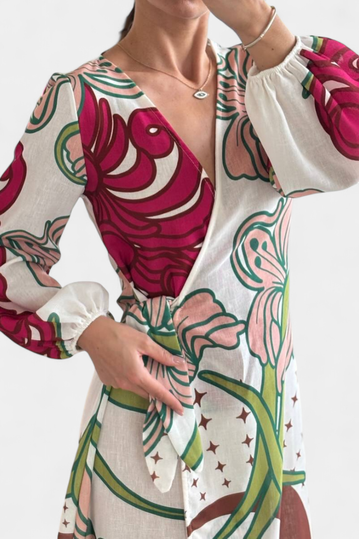 Fana Vestito Incrociato Stampato Floreale con Fiocco in Vita