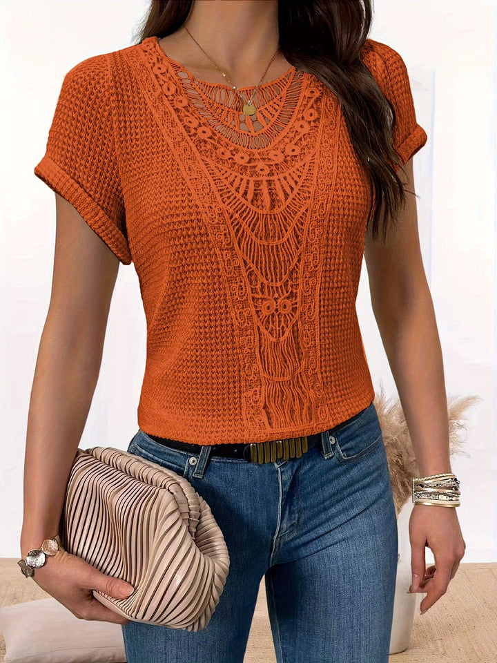 Lace Splicing Crew Neck T-shirt, Casual Short Sleeve Top For Spring & Summer, Women's Clothing