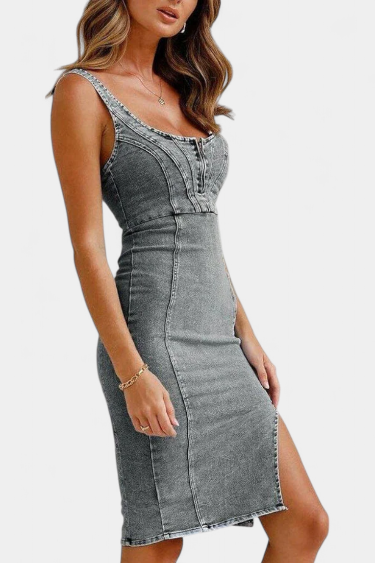 Vestito Janessa in Denim con Spalline Regolabili e Apertura Frontale