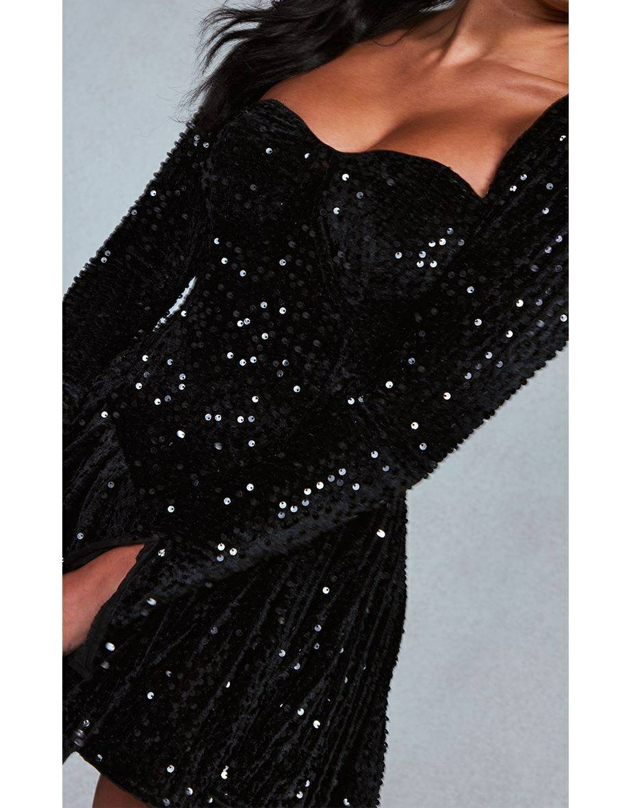 Victoria™ | Black Sequined Skater Mini Dress with Cup Detail and Long Sleeves