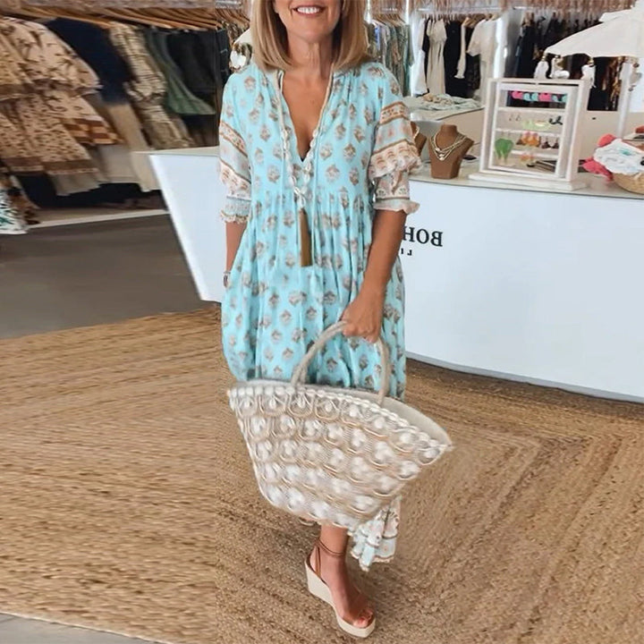 GIULIA | Abito Midi Stampato con Scollo a V e Maniche a Palloncino Eleganti