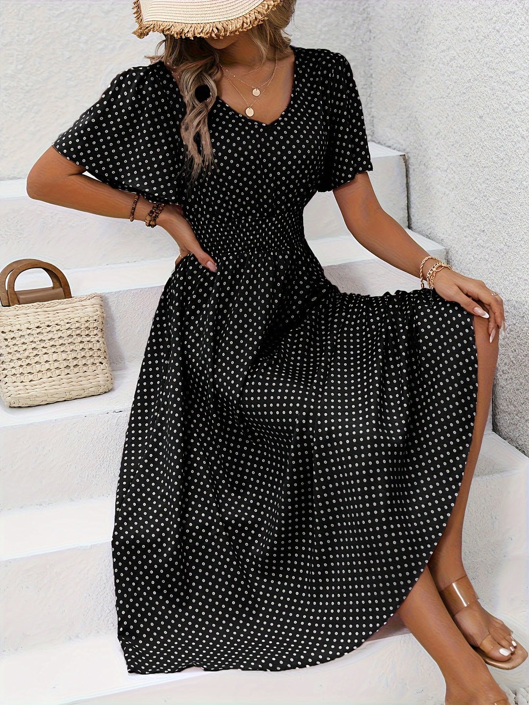 Chic Pink Polka Dot Midi Dress for Women - Casual V-Neck, Ruffle Sleeves, Cinched Waist Design, Lightweight Polyester, Perfect for Spring/Summer, Machine Washable