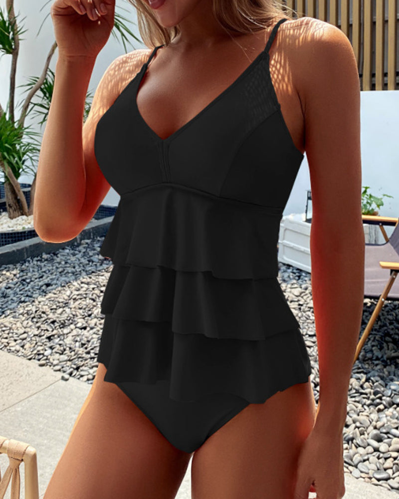 Leta - Plain swimsuit with decorative ruffles