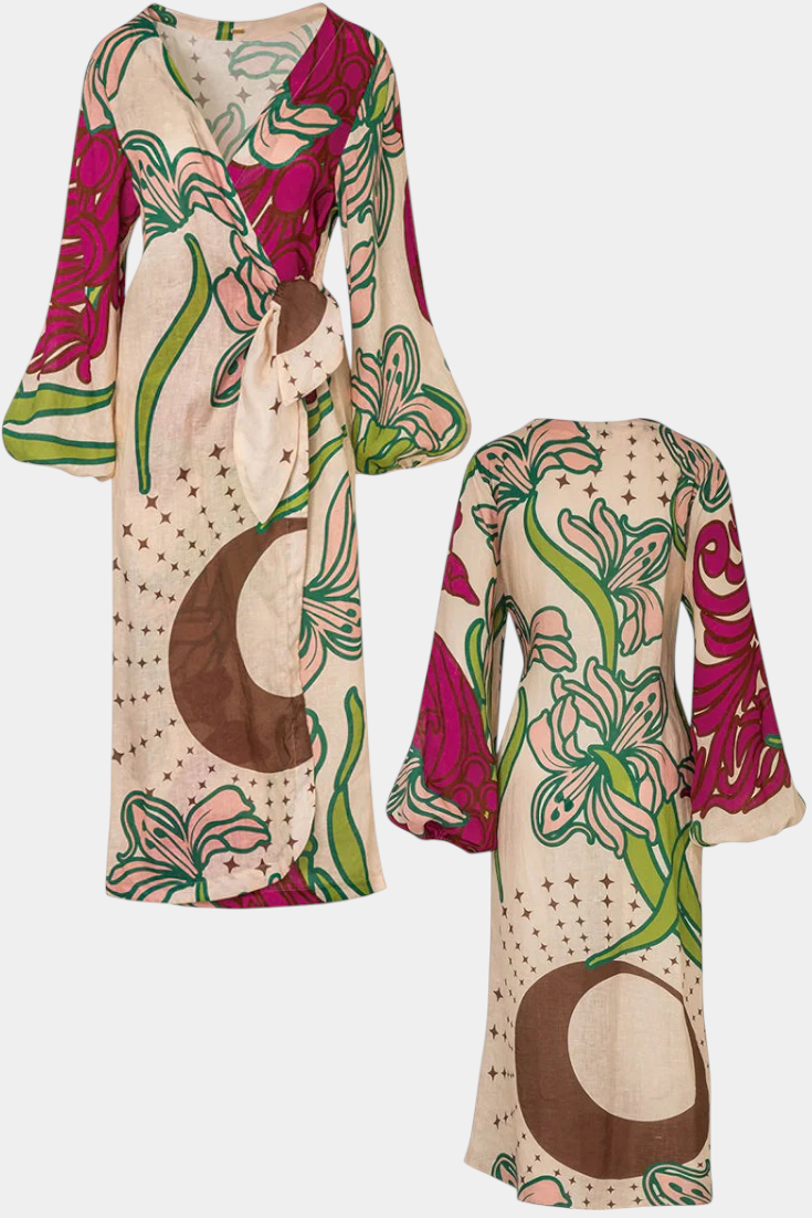 Fana Vestito Incrociato Stampato Floreale con Fiocco in Vita