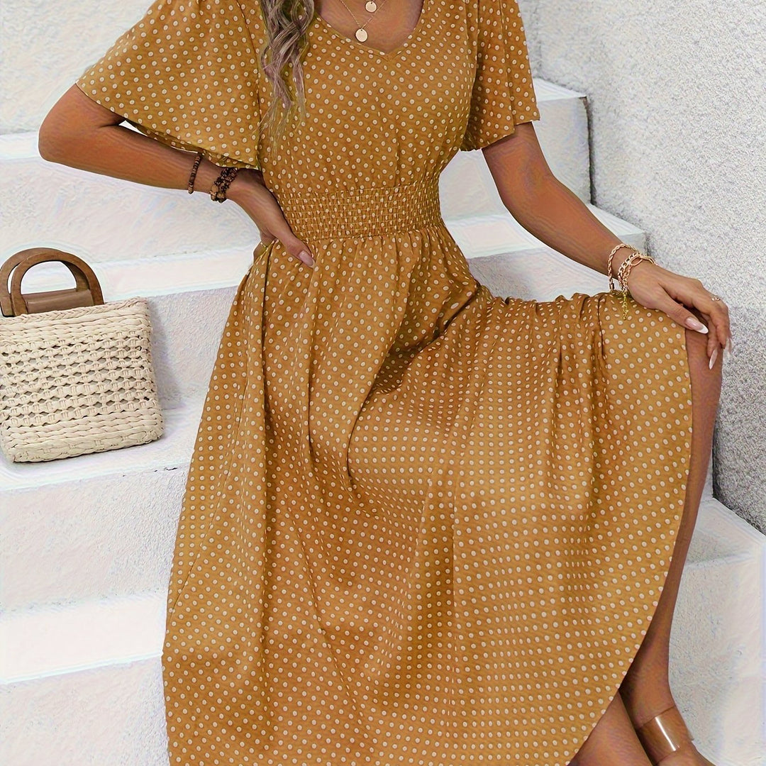 Chic Pink Polka Dot Midi Dress for Women - Casual V-Neck, Ruffle Sleeves, Cinched Waist Design, Lightweight Polyester, Perfect for Spring/Summer, Machine Washable