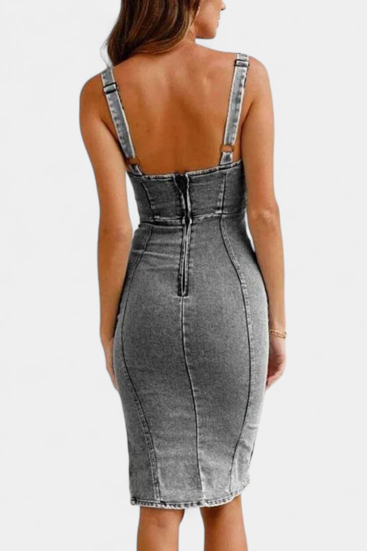 Vestito Janessa in Denim con Spalline Regolabili e Apertura Frontale