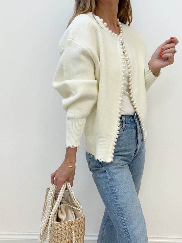 Cardigan con Orlo Strappato e Rifinitura in Perle