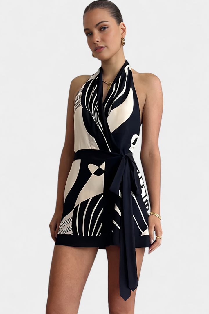 Vestito Corto Halter Fae con Stampa Astratta e Cintura