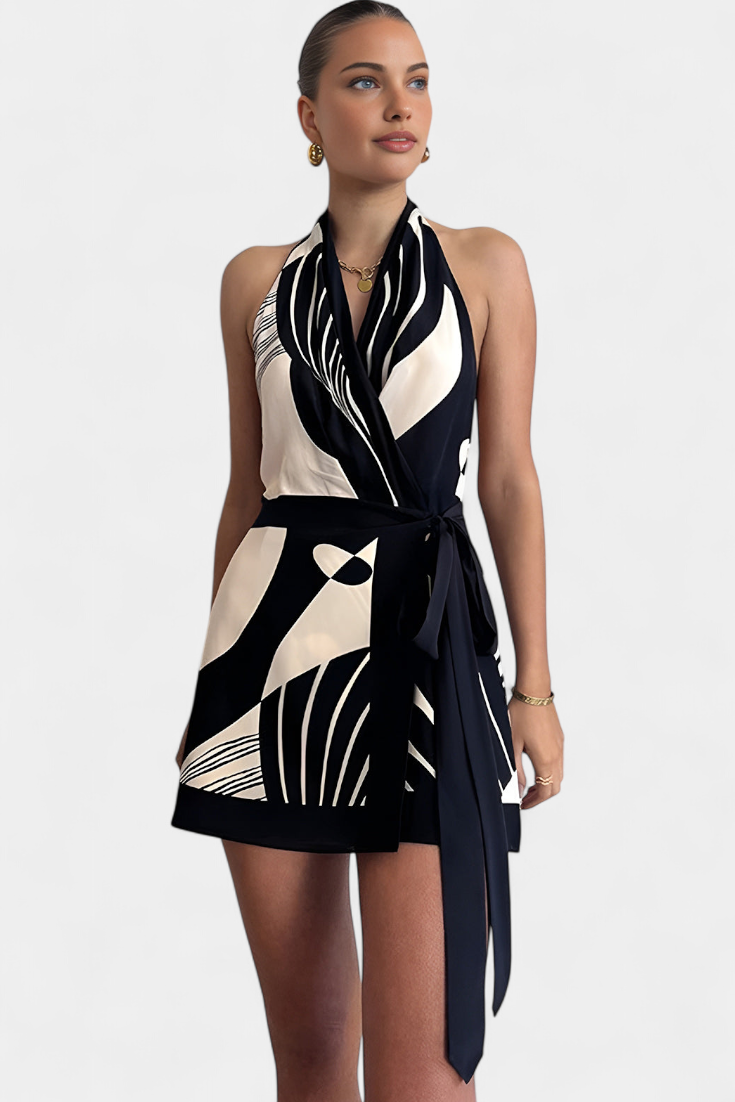 Vestito Corto Halter Fae con Stampa Astratta e Cintura