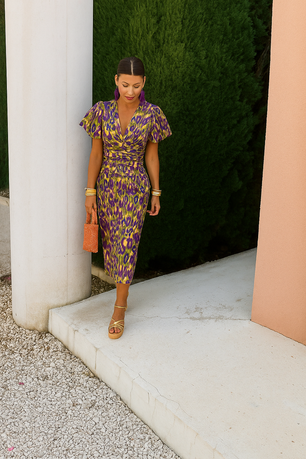 Arielle | Abito Midi Colorato per Donna con Maniche Plissettate