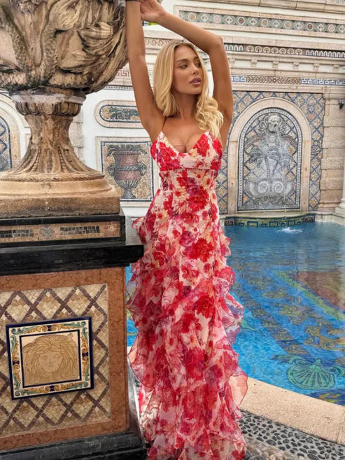 Valentina | Abito Lungo con Fiori Rossi e Volant