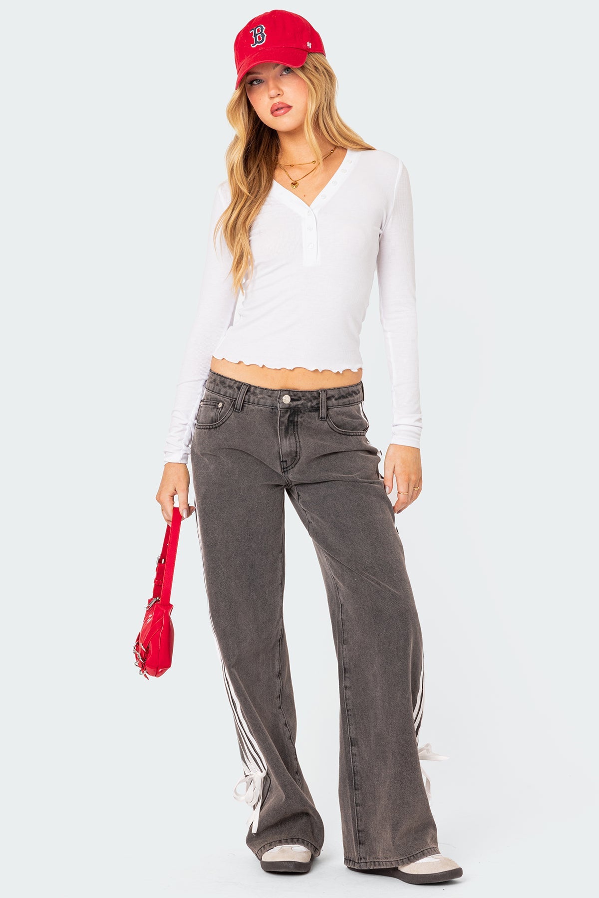 Victoria™ | Low Waist Loose Side Stripe Bow Wide Leg Jeans