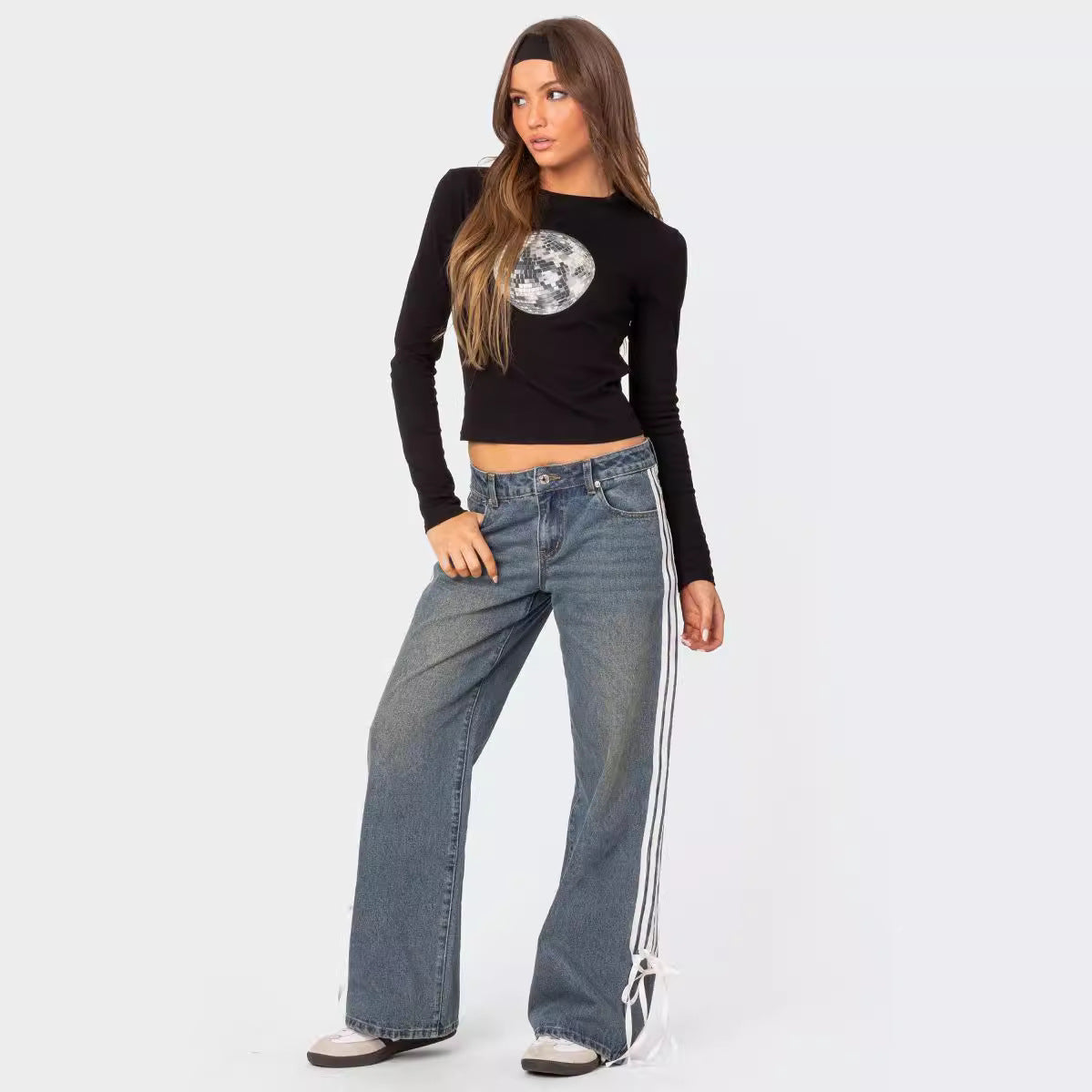 Victoria™ | Low Waist Loose Side Stripe Bow Wide Leg Jeans