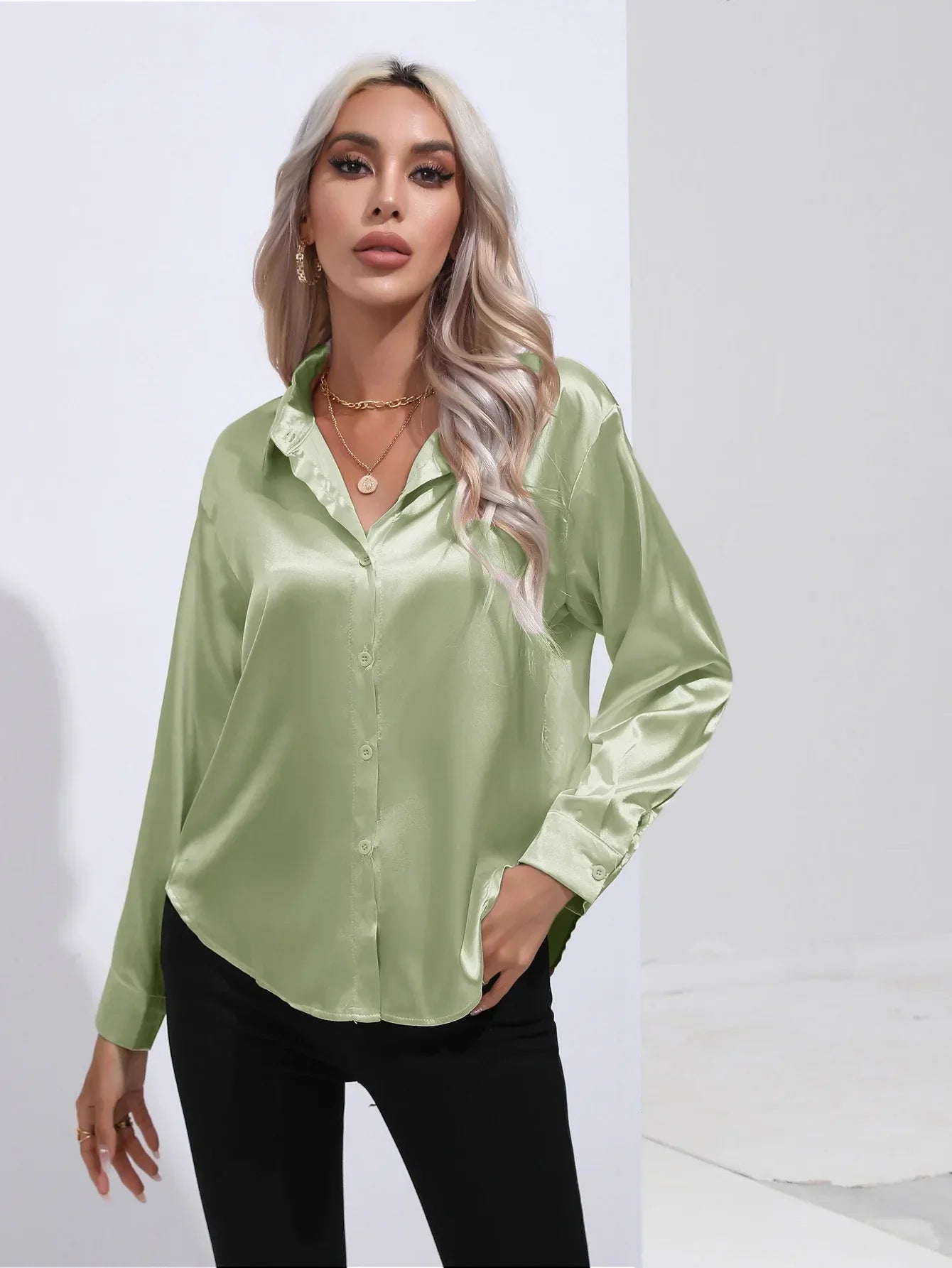 Victoria™ | Eleonora Satin Blouse with V-Neck & Long Sleeves