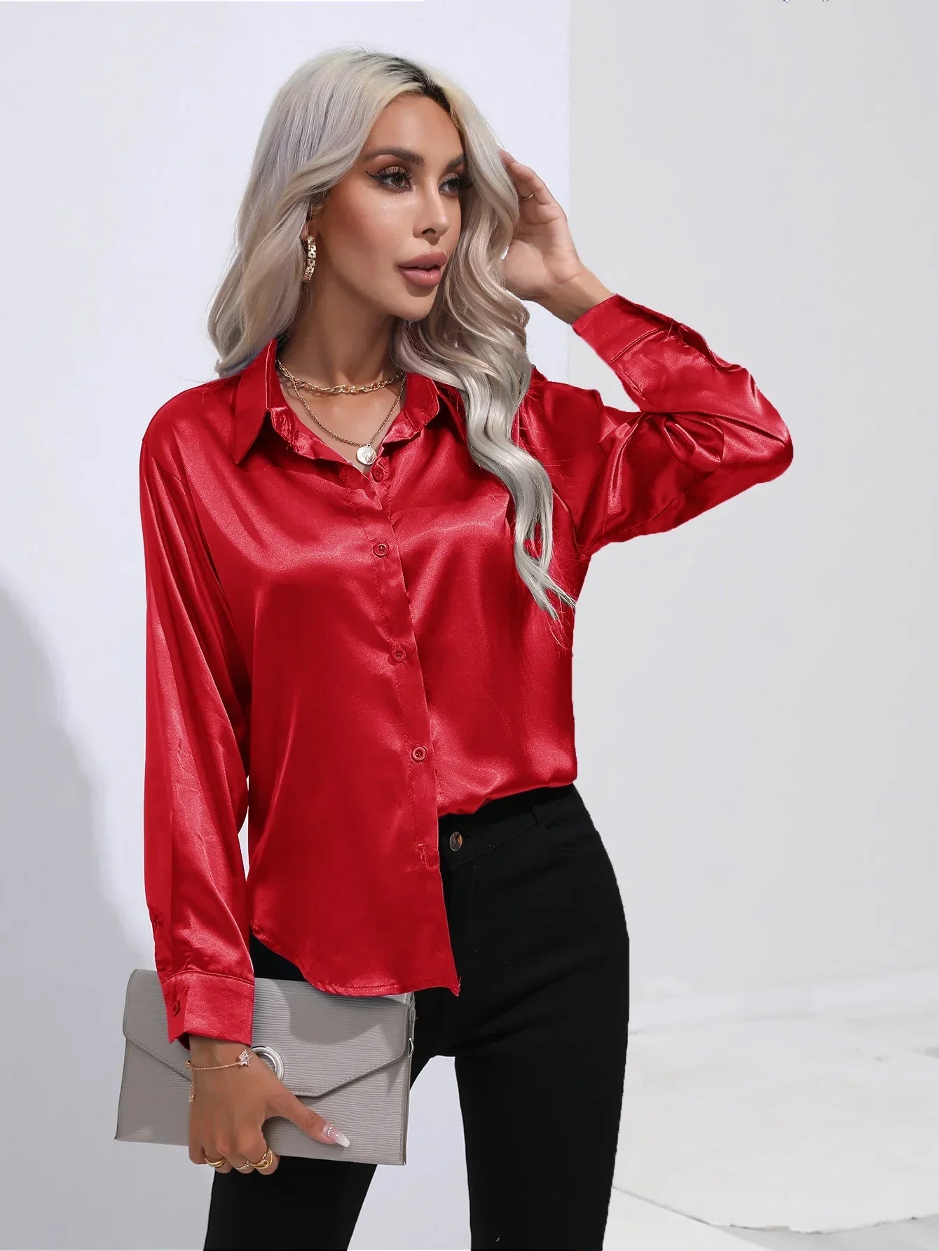 Victoria™ | Eleonora Satin Blouse with V-Neck & Long Sleeves