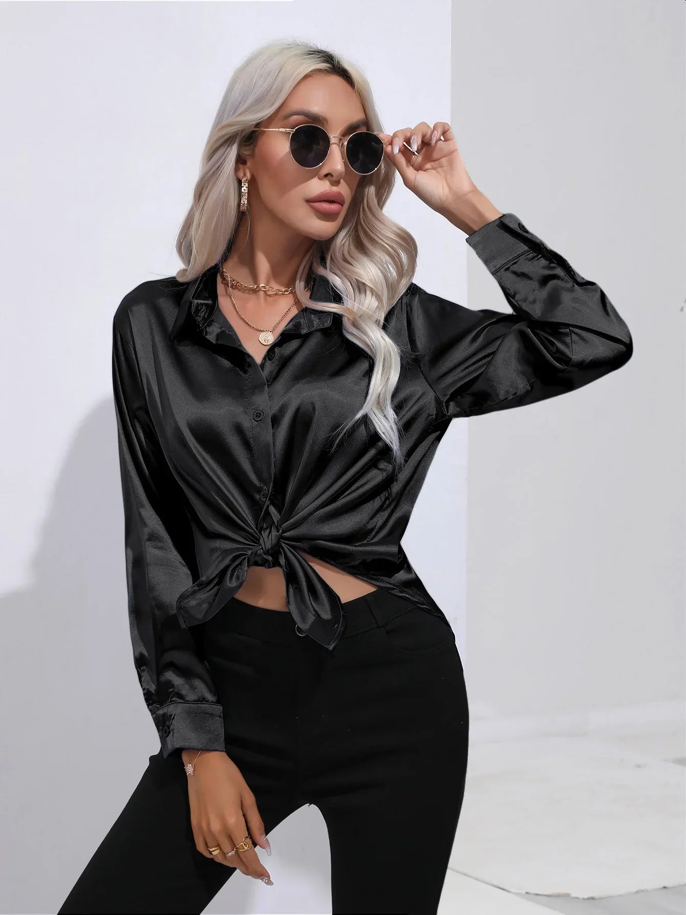 Victoria™ | Eleonora Satin Blouse with V-Neck & Long Sleeves