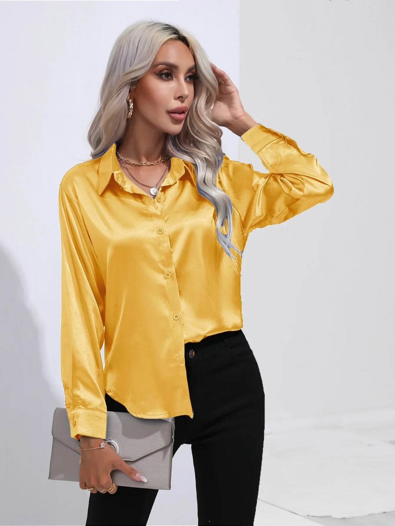 Victoria™ | Eleonora Satin Blouse with V-Neck & Long Sleeves