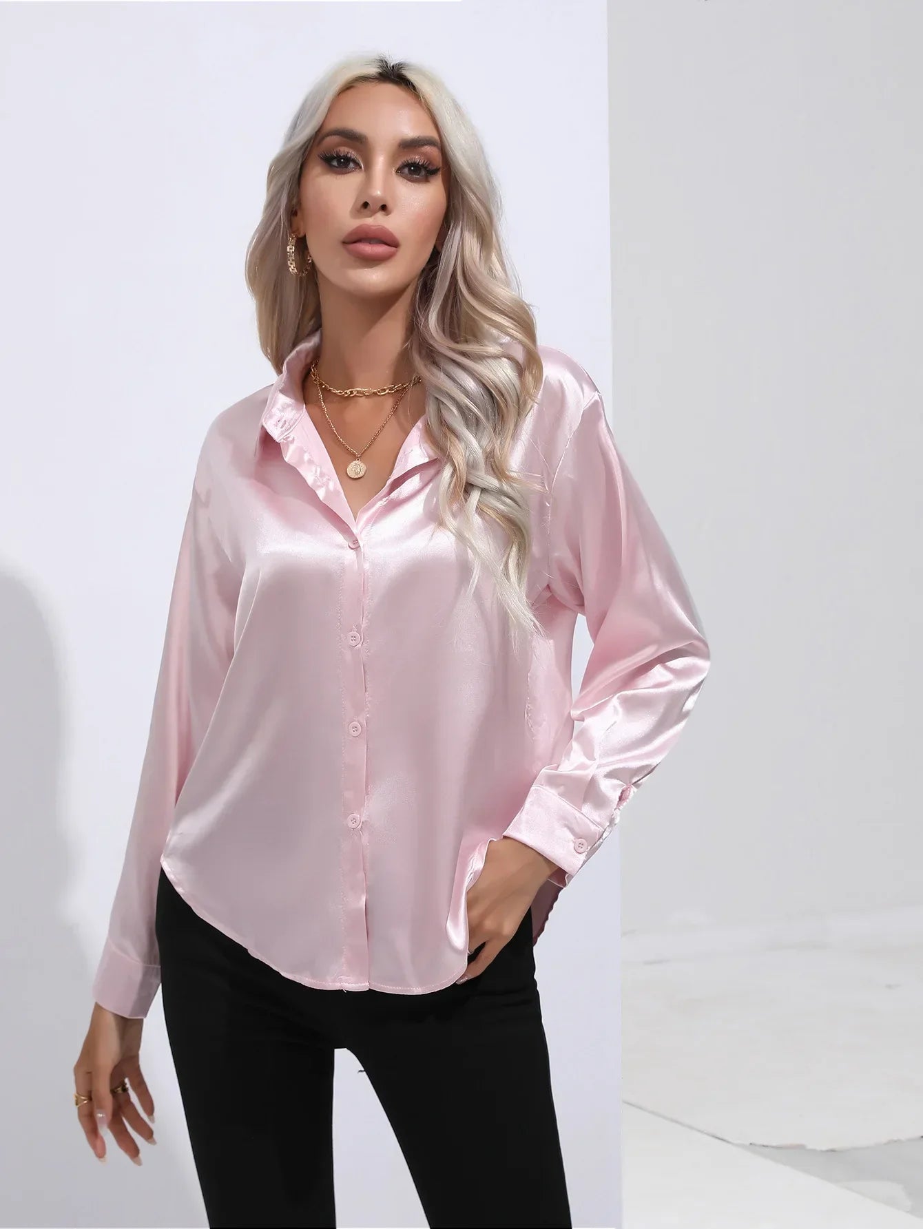 Victoria™ | Eleonora Satin Blouse with V-Neck & Long Sleeves