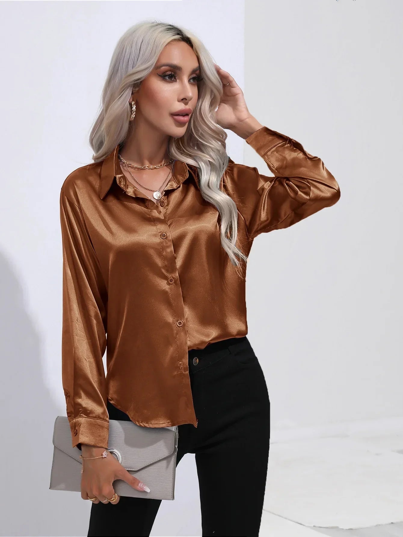 Victoria™ | Eleonora Satin Blouse with V-Neck & Long Sleeves